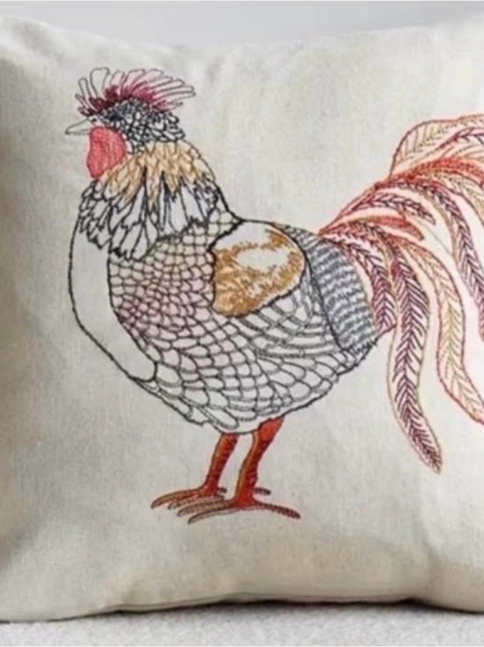 Embroidered Rooster Throw Pillow - Cream with Red & Gold Accents-18”